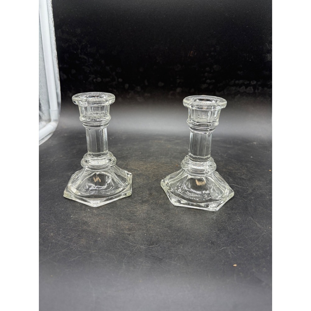 Vintage Clear Glass Taper Candle Holders Set of 2 Hexagon Base Ribbed Stem 4.5in